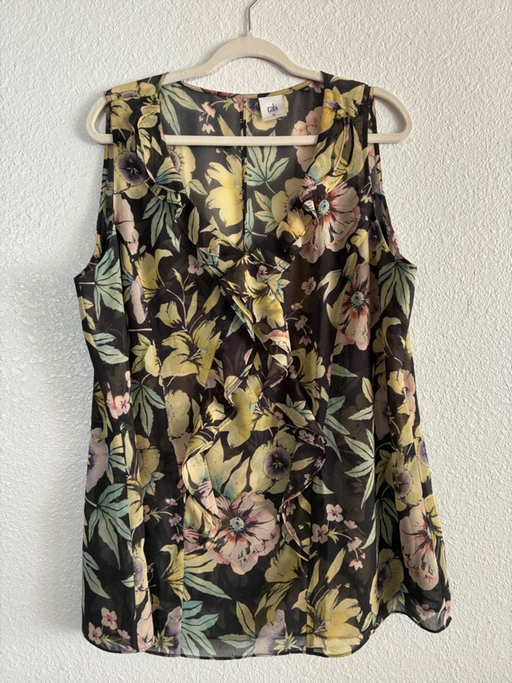 CAbi Black Floral Ruffle Sleeveless Camisole